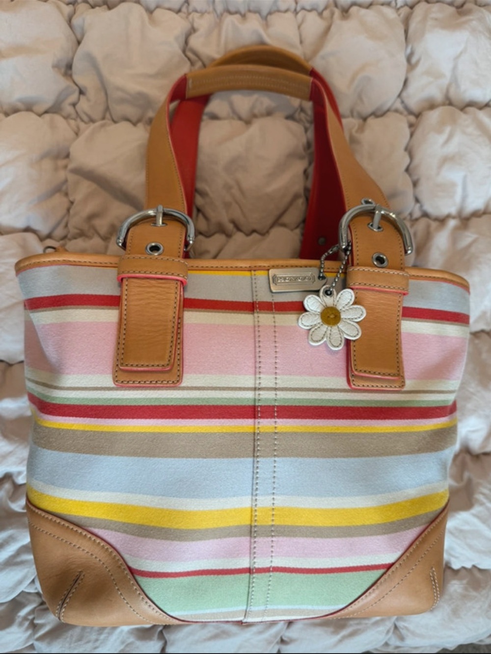 Coach Striped Multicolor Tote Bag with Daisy Charm - , Tan Trim